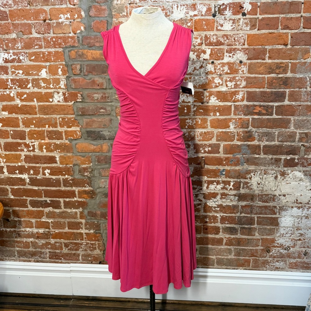 NWT Melissa Masse Jersey Dress Fuchsia Pink Drop Waist Ruched V-Neck NEW Small